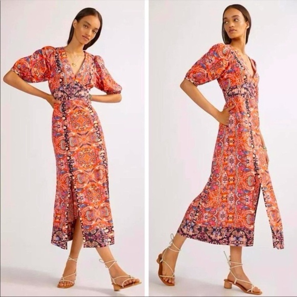 Anthropologie Orange and Red Puff Sleeve Maxi Dress Size 2 Boho